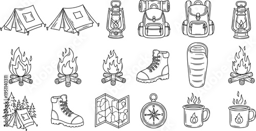 Collection of hand-drawn camping and hiking equipment icons in a doodle style