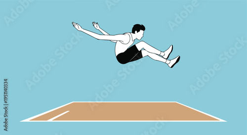 Athletic man in mid-air during a long jump over a sand pit