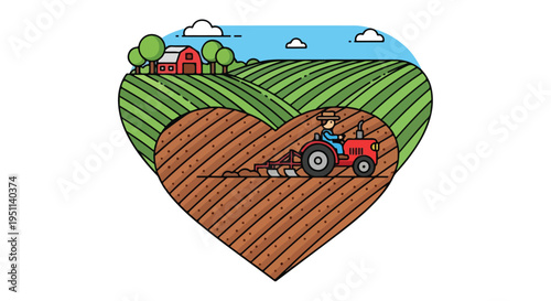 Heart-shaped farmland with a farmer plowing and a red barn under a blue sky