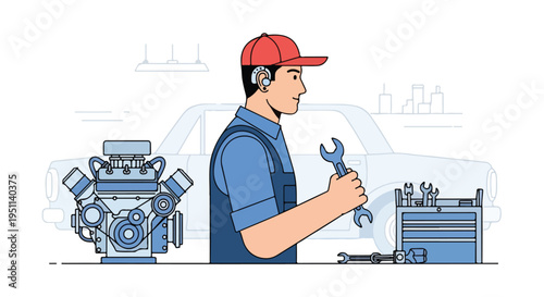 A mechanic with a wrench and toolbox prepares to fix a car engine