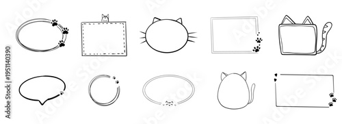 Empty cute cat or dog, pet frame set, speech bubble with ears and tail, border with paw print. Doodle sketch hand drawn elements. Footprint badge, border divider. 