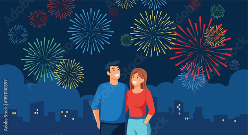 Couple watching fireworks over city skyline at night