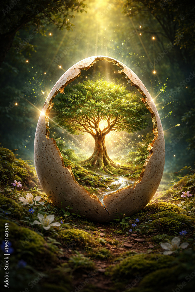 Fototapeta premium Magic tree inside a broken egg in a forest with sunlight shining through leaves