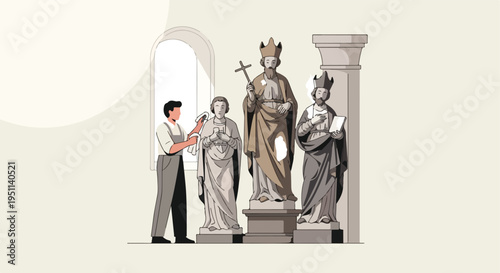 Person polishes statues inside a building with arched window and column