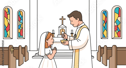Clergy administers communion to a child in a church