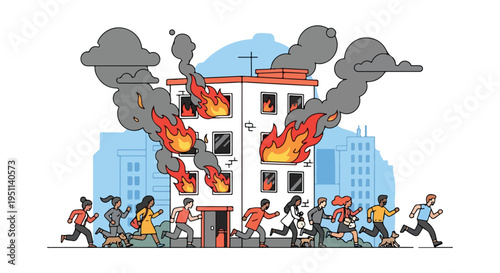 Diverse people and dogs flee a burning building in a stylized urban setting