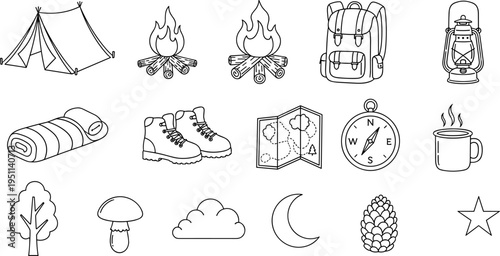 Collection of hand-drawn outdoor adventure and camping icons in a simple line art style