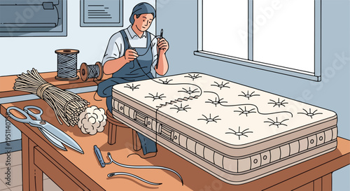 Artisan meticulously stitches a mattress with needle and thread on a wooden table