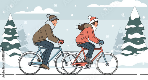 Couple enjoys a winter bike ride amidst falling snow and snow-covered trees