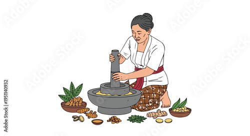 Woman grinds turmeric and ginger in stone mortar, surrounded by ingredients