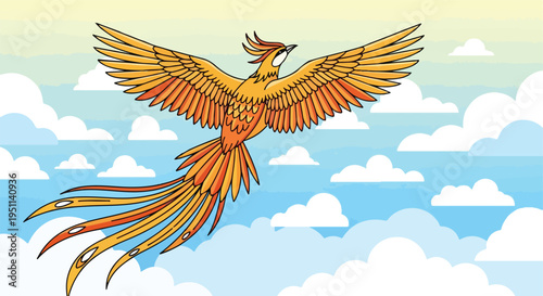 Mythical phoenix with fiery plumage soars majestically through a sky filled with fluffy white clouds