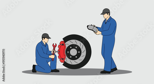 Two mechanics work on a vehicle's brake system, one with a wrench, the other holding parts