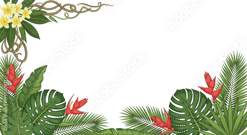 Exotic Tropical Floral Frame Background Featuring Green Monstera Palm Leaves Red Heliconia Flowers and Yellow Plumeria Blossoms with Liana Vines Isolated on White Background