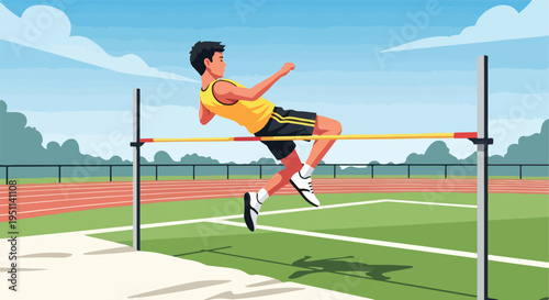 Athlete soaring over high jump bar against cloudy blue sky