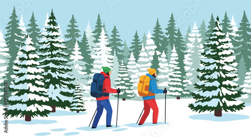 Two hikers trek through a snow-covered pine forest with backpacks