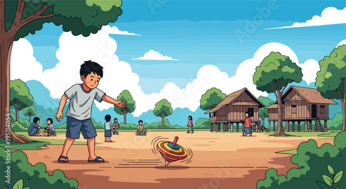 Children play with a spinning top near traditional stilted houses