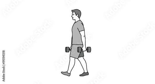 Stylized illustration of a man walking and carrying dumbbells, performing an exercise