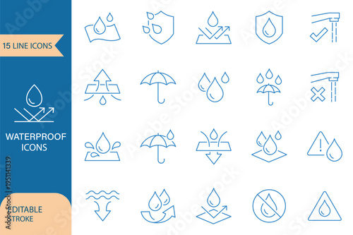Waterproof icon set. Water Proof. Water protection, liquid proof protection. Shield with water drop. Anti wetting material, hydrophobic fabric, surface protection. Water resistant symbol. Vector 