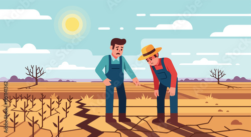 Farmers despair over drought-stricken cracked earth and dead crops under a harsh sun