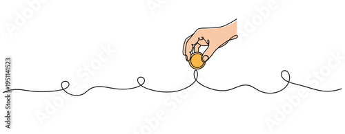 Hand placing coin on continuous line in white background. no editable strokes
