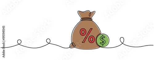 Money bag displaying interest percent with coin on white. no editable strokes