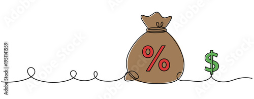 Money bag marked with percent beside dollar symbol on line. no editable strokes