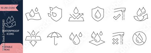 Waterproof line icons set. Water resistant, drops, water protection, moisture Water protection, liquid proof protection out line icon. Vector illustration