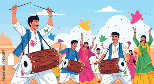 Festive group celebrating with music, colors, and dancing, against a backdrop of architecture