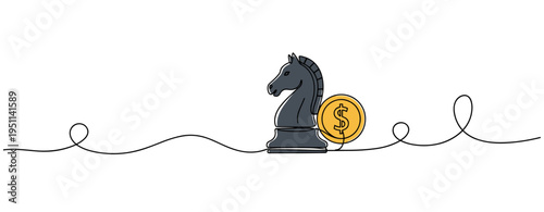 Chess knight positioned with coin on white background. no editable strokes