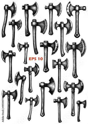 Medieval Battle Axe Vector Illustration Set. Diverse Collection of Hand-Drawn Fantasy War Axes, Tomahawks, and Ancient Weaponry Sketches.