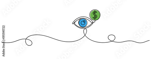 Eye observing dollar symbol on white background minimal illustration. no editable strokes