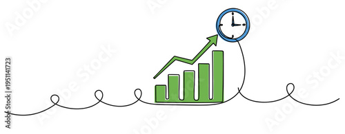 Bar chart rising with upward arrow and clock on line. no editable strokes