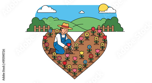 A farmer tends a heart-shaped garden bursting with colorful flowers under a bright sun