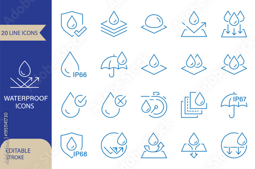 waterproof water resistant materials vector linear icons set.
