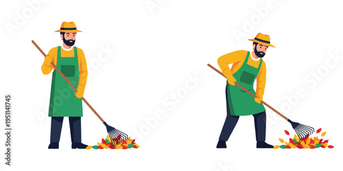 Man raking leaves in autumn yard with transparent background