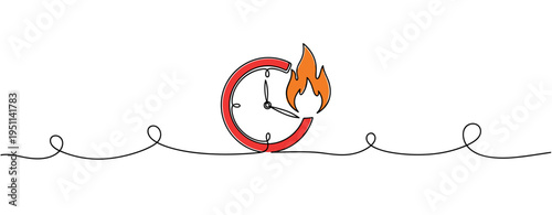 Clock with flame indicating urgency on continuous line background. no editable strokes