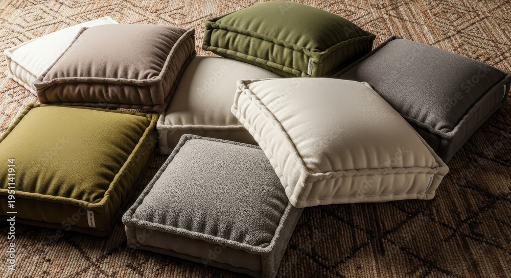 Obraz premium Pile of Plush Oversized Floor Cushions in Assorted Neutral Tones and Textures for Cozy Seating