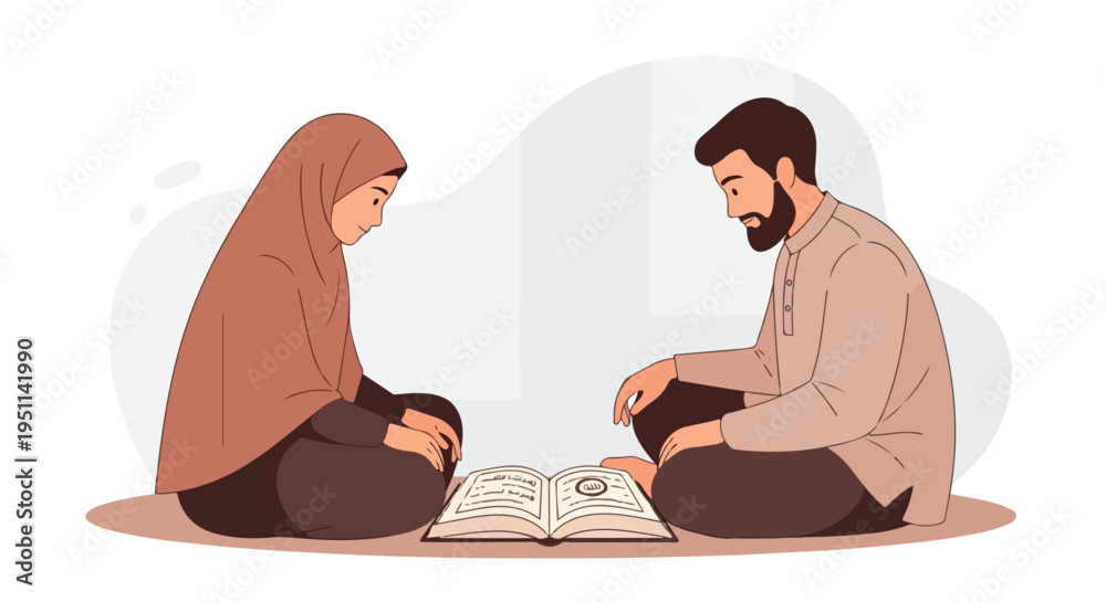 Fototapeta premium Couple sitting cross-legged, reading a book together, a serene scene