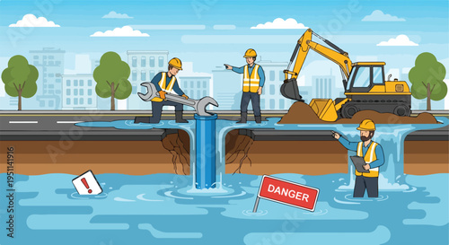 Construction workers repair a flooded street with an excavator and tools