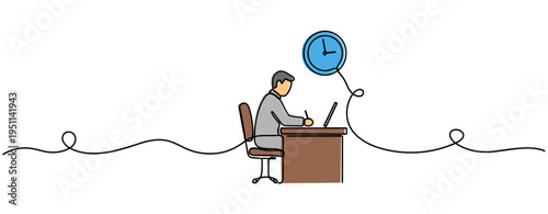 Man writing at desk under clock in office white background. no editable strokes