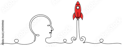 Human profile imagining rocket launch on white background. no editable strokes