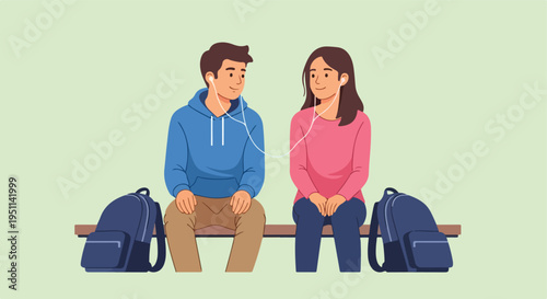 Two young people sharing earbuds while sitting on a bench with backpacks