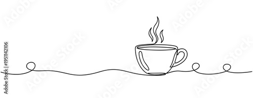Cup of steaming coffee sitting on continuous line white background. no editable strokes