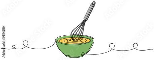 Bowl being whisked with batter in continuous line kitchen scene. no editable strokes
