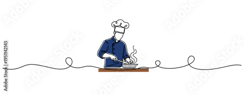 Chef cooking at counter with steam on continuous line. no editable strokes