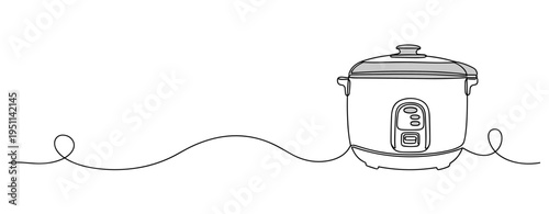 Electric rice cooker on continuous line art kitchen background. no editable strokes