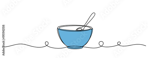 Blue bowl holding spoon on white line art background. no editable strokes