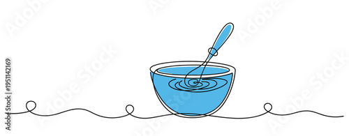 Bowl with spoon stirring liquid on white continuous line background. no editable strokes