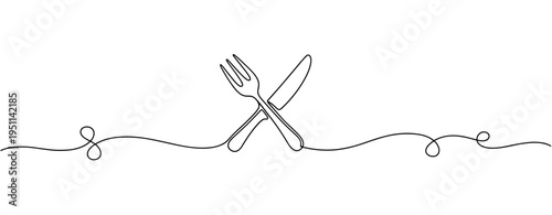 Cutlery crossed representing dining concept in minimalist line art. no editable strokes