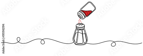 Salt shaker pouring seasoning into open shaker on wavy line. no editable strokes